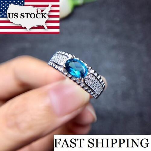 US STOCK London Blue Topaz Engagement Rings, Ring Silver 925 Women, Ladys Certified 5*7mm Gemstone Wedding Jewelry FJ217