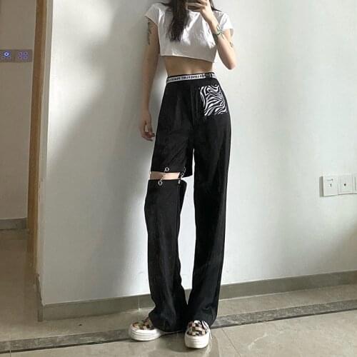 Autumn Trousers For Women 2021 Fashion Button Patchwork Streetwear Pants Women High Waist Chain Straight Hollow Gothic Pants