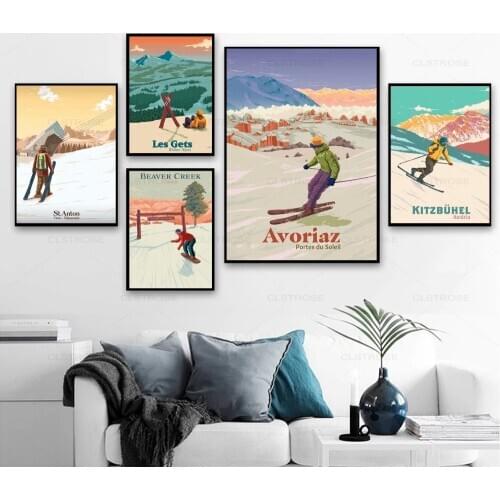 St Anton Kitzbuhel Avoriaz Ski Resort Posters Skiing French Alps Snowboarding Canvas Paintings Vintage Wall Art Print Pictures