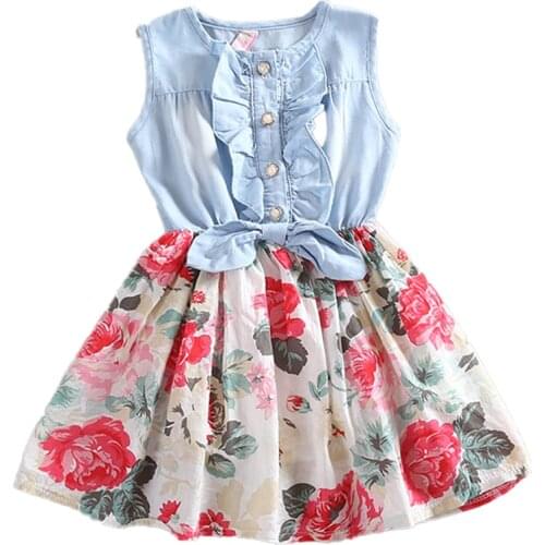 2-7Yrs baby girls beach dress summer cotton cowboy kids denim dresses for girls clothes toddler bohemians holiday dress costumes