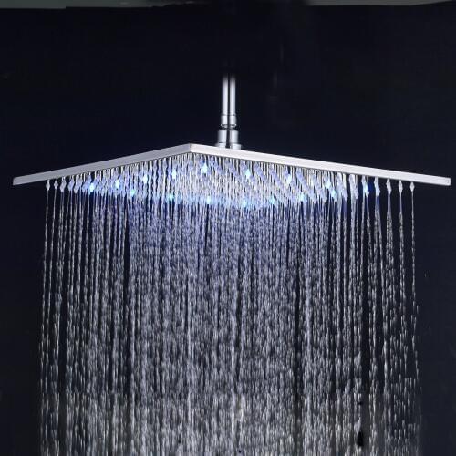 Clear Stock ) Shower Head LED Wall Mount Ceiling Mounted 16-inch Stainless Steel Square Rainfall Color Changing Bathroom