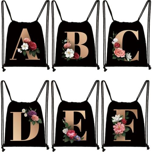 Floral Letters Backpack 26 Initials A-Z Women Shoulder Bags Bridesmaid Drawstring Bag Bridal Party Storage Bags Shoes Holder