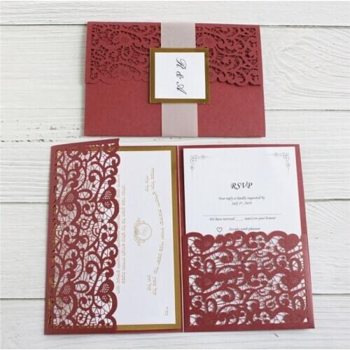 Modern wedding invitations pocketfolds burgundy gold laser cut love card metallic gold border decorated