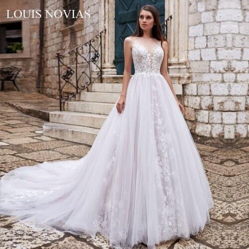 Louis Novias Backless Decal A-line Wedding Dress 2020 Deep V-neck Sleeveless Church Train Bridal Dress Vestido De Novia