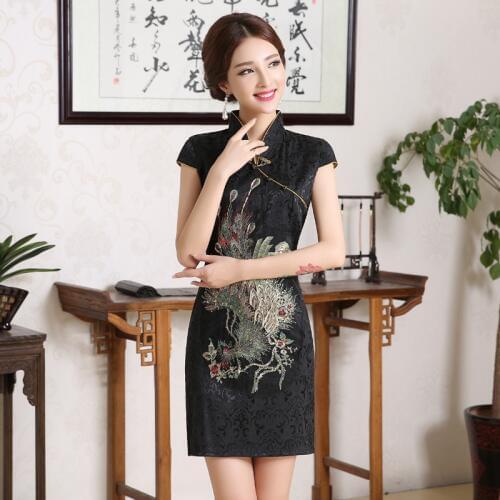 Traditional Chinese Clothing Black Short Sleeve Qipao New Design Vintage Cheongsam for Women Party Vestidos