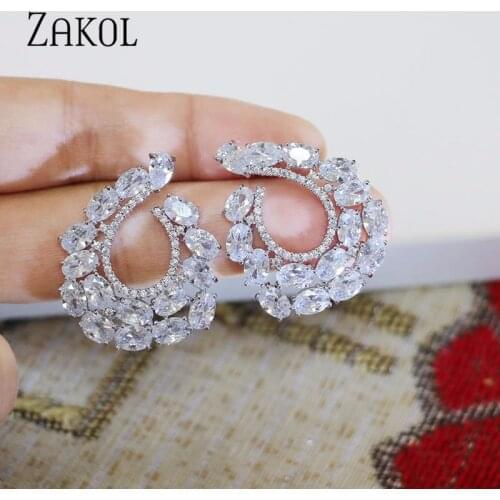 ZAKOL Brand Wedding Jewelry Fashion High Quality Clear Cz Zircon CC Shape Stud Earrings for Women Crystal Party Jewelry FSEP069