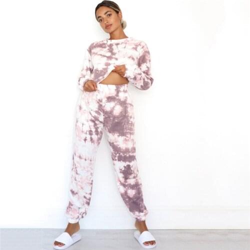 2020 Women Two Piece Set Autumn Winter Hoodies Sweatshirt Pant suit Elegant Laides Tie Dye Print Streetwear 2 Piece Set
