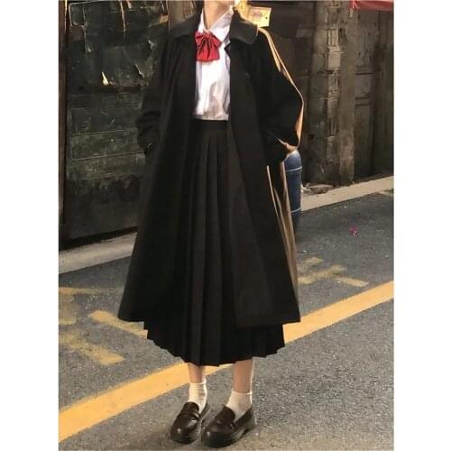 Japanese Students Preppy Style 3pcs Set Tweed Wool Coat + Long Sleeve Bow Shirt + Long Pleated Skirt Women Simple Autumn Suit