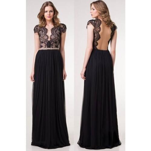 Elegant Vintage Long Fashion summer style V-neck Party gown sexy Backless Formal black lace evening Dress 2015 vestido de festa