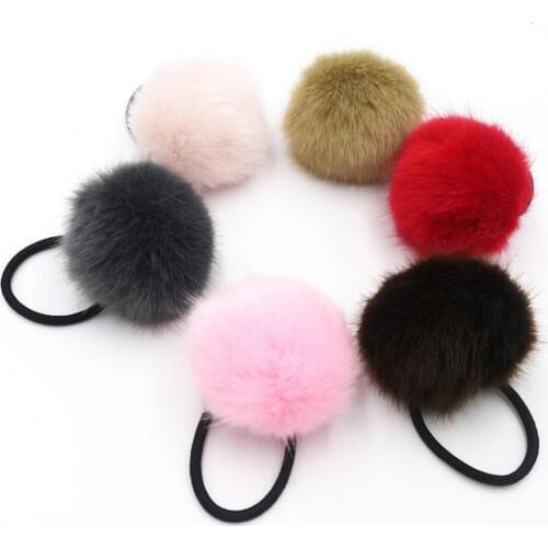 2Pcs Artificial Fake Rabbit Fur Ball Girls Headwear Elastic Hair Bands Ties For Women Hair Accessories Rubber Band