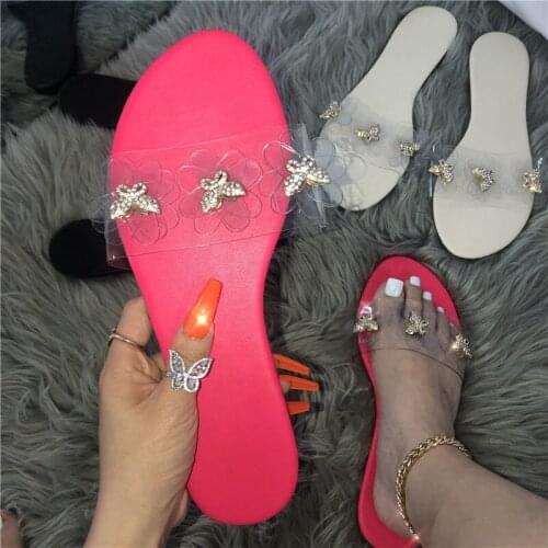 2021 Women Transparent Bow Crystal Slippers Woman Summer Beach Fashion Flats Female Casual Shoes Ladies Big Size Footwear