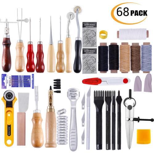 68Pcs Leather Tool Kit DIY Leather Cutter Edge Groover Awl Hole Punches Leather Knife With Waxed Thread Leather Crafting Tool