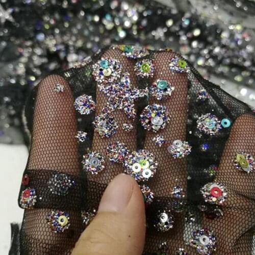 African Mesh Sequins Ironing Diamond Perspective Black Mesh Fabric With Star Pattern DIY Stage Dress