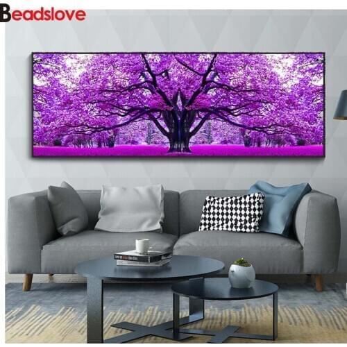 5D DIY Diamond Painting Full Square Round Drill Cherry Purple Tree Diamond Embroidery Mosaic Rhinestone Home Large Decor