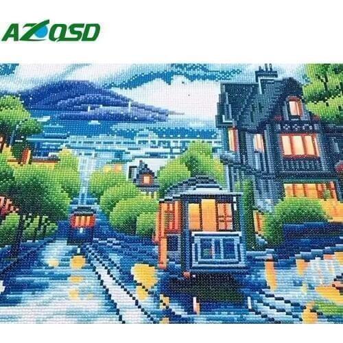 AZQSD DIY LED 40x50cm Diamond Painting Winter Embroidery Scenery Framed Cross Stitch Art Home Decor Gift Handmade