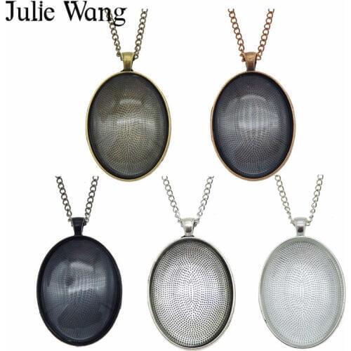 Julie Wang 5 Sets Necklace Memorial Family Pet Oval Photo Setting Blank Tray Bezel Pendant Glass Cabochon Chain Jewelry Making