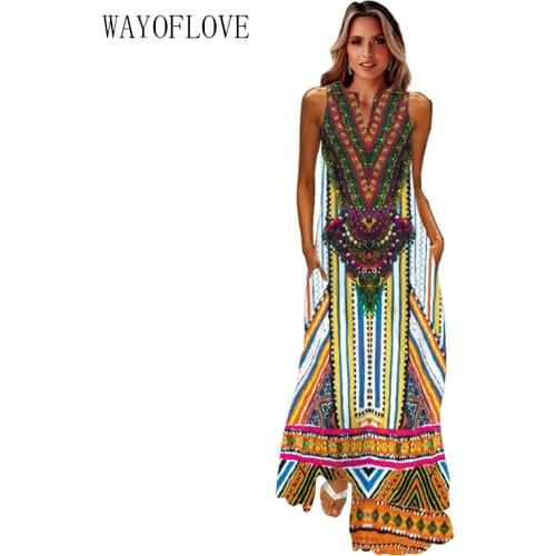 WAYOFLOVE Ethnic Style Long Dress Women 2021 Casual Loose Plus Size Dresses Summer Beach Woman Sleeveless Girls Maxi Dress Women