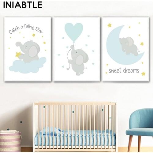 Blue Cute Elephant Star Canvas Posters Prints Baby Nursery Wall Art Painting Children Picture Nordic Kids Baby Room Decoration