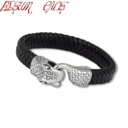 Punk New Cool Snake Stainless Steel Bracelet Wrap Leather Bracelet Men Woven Bangle For Men Jewelry