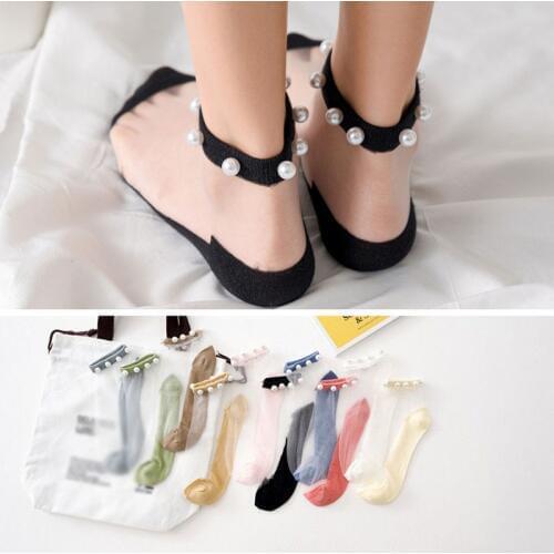 New High Quality Summer Stylish Trendy Fashion Modern Woman Girl Glitter Shiny Pearl Socks Mesh Thin Bead Gauze Transparent Sox