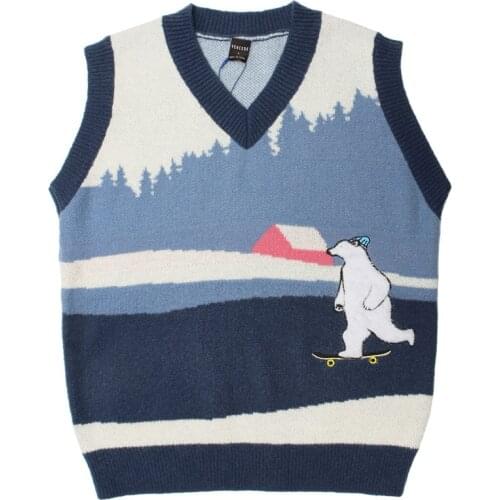 2021 New Mens Sweater Vest Polar Bear Embroidery Fashion Loose V-neck Men Sleeveless Vest Sweater Winter Pullover Casual Knitted