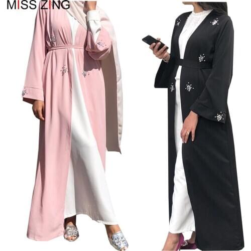 New Muslim Abaya Handmade Diamonds Dress Mesh Cardigan Tunic Kimono Long Robes Jubah Middle East Ramadan Arab Islamic Prayer