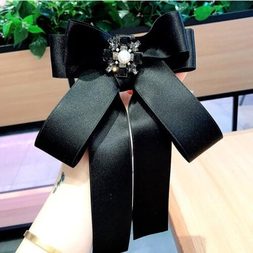 New Black Square Rhinestone Pearl Broches for Women Ribbon Bow Large Collar Needle Brooch Flower Bow Tie Clothes Accessories