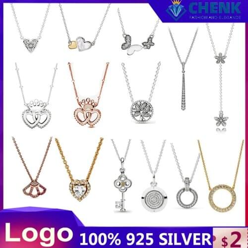 S925 Sterling Silver Necklace With Logo Exquisite Double Love Butterfly Key Flower Pendant with Diamonds Girls Favorite Gift