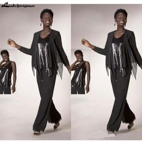 Mother of the Bride Dresses Black Sequined Chiffon Mother of the Bride Three Pieces Pant Suits with Long Sleeve Jacket