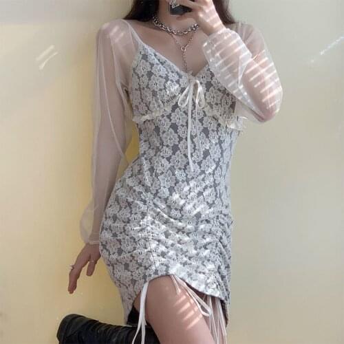 Lace Floral Drawstring Mini Dress Women Elegant Office Lady 2021Summer kawaii Japanese Style Trend V-Neck Vintage Dresses Korean