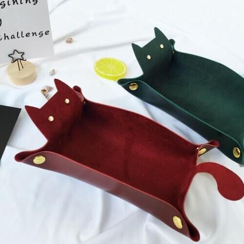 Portable Cat Shape Leather Storage Tray Key Desktop Jewelry Box Coin Makeup Tray Household Folding Tray Storage Box
