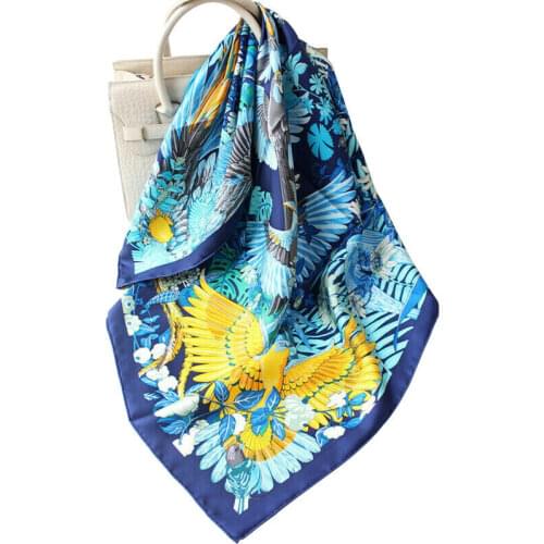 Luxury 100% Twill Silk Scarf Bandana Aztec Tribal Style Parrot Bird Print Shawl Kerchief Fashion Head Neck Hijab Stole 90*90cm