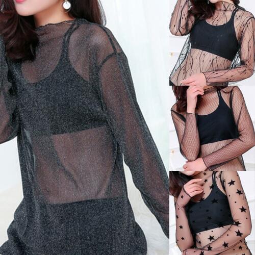 Sexy Women Ladies Perspective Mesh Gauze Lace Pullover Blouses Sheer Tops Shirts
