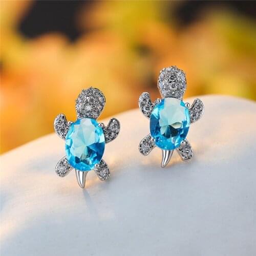 Multicolor Oval Zircon Cute Animal Small Turtle Stud Earrings For Women Wedding Jewelry Vintage Fashion Birthstone Earrings Gift