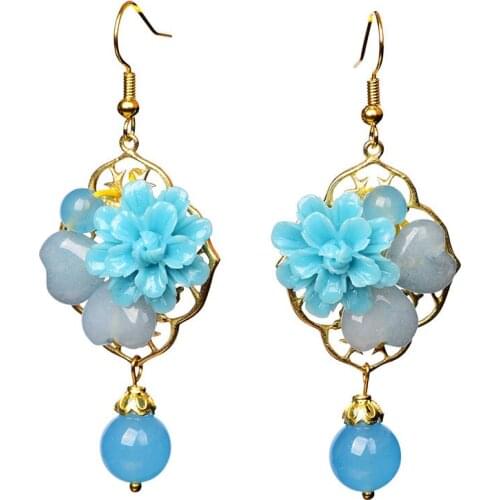 Jade Flowers Drop Earrings Chalcedony Blue Agate Amulet Fashion Natural Charm Jewelry Gifts for Women Her