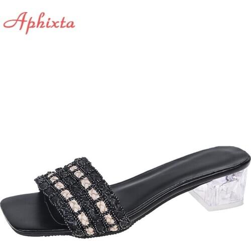 Aphixta 2021 New Summer 5cm Transparent Square Heels Women Slippers Slides Rope Lattice Flip Flops Shoes Plus Size 43 44