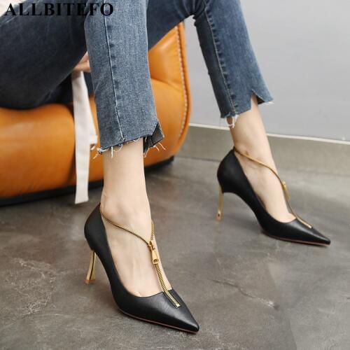 ALLBITEFO gold zip sexy high heels party women shoes high quality women high heel shoes spring thin heels office ladies shoes
