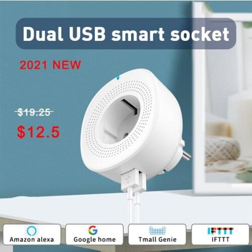 1pcs Smart WiFi Socket EU Plug 10A Voice Remote Control Timer Monitor 2 USB Ports Charge Smart Plug Work With Alexa Google Home