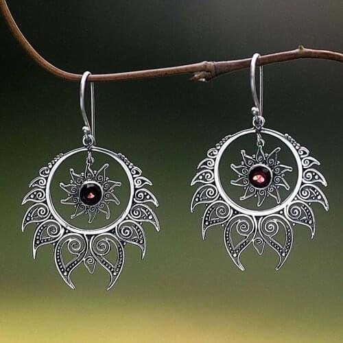 Bohemian Fashion Exaggerated Vintage Hollow Carved Sun Flower Drop Dangle Earrings for Women