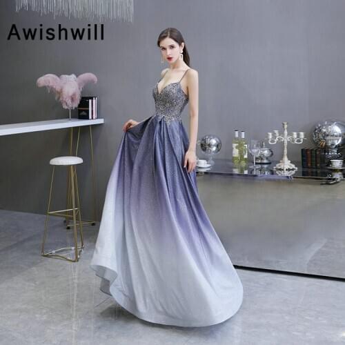 New Arrival 2020 Glitter Evening Prom Dress With Pockets Sexy Spaghetti Strap A-line Beaded Evening Gown Women Party Dress Long