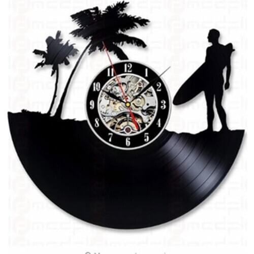 Surf Up Summer Beach Time Silhouette 3D Stickers Surfing Vintage Vinyl Record Wall Clock Hanging Clocks Wall Watch Home Decor