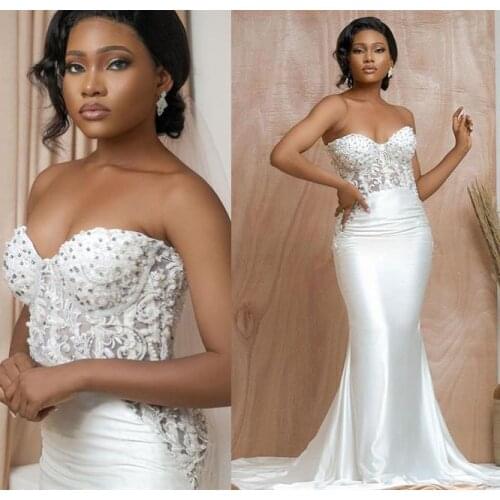 Plus Size Arabic Mermaid Lace Crystals Wedding Gowns Sweethart Satin Sexy Simple Vintage Bridal Dresses