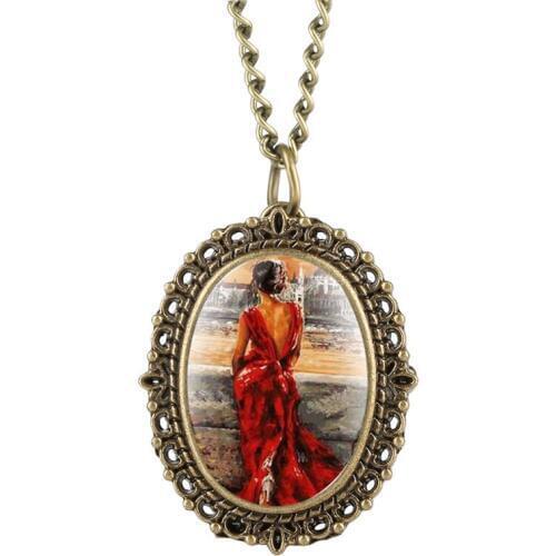Reloj Mujer Delicate Bronze Tone Women Pocket Watch Beautiful Women Back Figure Pattern Elegant Oval Gift for Pocket Watch