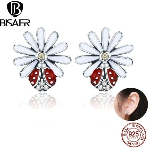 BISAER Hot Sale 925 Sterling Silver Daisy Flower Stud Earrings for Women Flower Ladybug Fashion Earrings Silver Jewelry ECE459