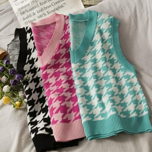 Houndstooth Knitted Sweater Vest Womens Autumn Winter 2021 French Retro Fashion Loose Sweaters Sleeveless V-neck Waistcoat