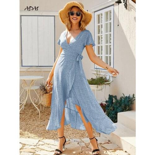 4 Colors Boho Maxi Women Dresses 2021 V-Neck Ruffles Floral Print Short Sleeve Mid-Calf Vestidos Lace Up Summer Dress Plus Size