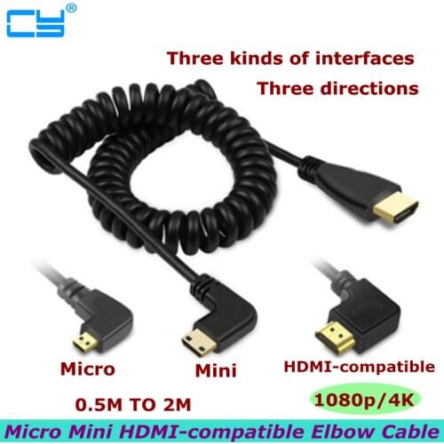 2m HDMI-compatible to Right & Left Angle Mini HDMI & HDMI & Micro HDMI male to male stretch Spring Curl Flexible Cable V1.4 DSLR