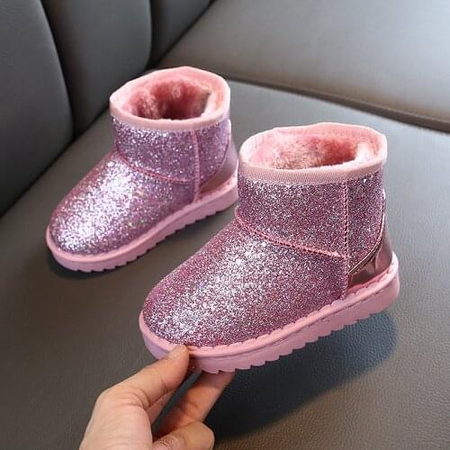 Kids Rhinestone Snow boots Anti-fur Leather 2020 Boots for Girls Sequin Winter Warm Children Shoes Plush Fur Boots Size 25-36