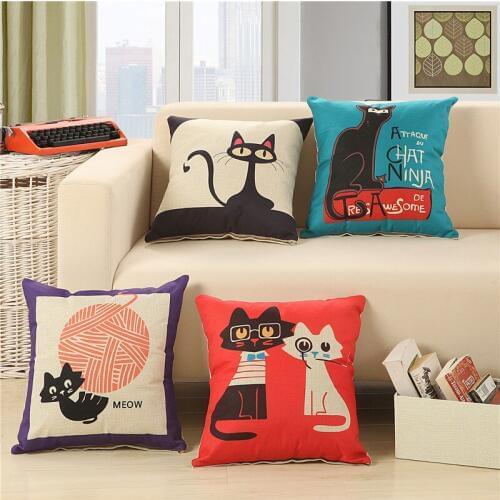 Hap-deer Square Cotton Linen Black Climbing Cat Animals Printed Decorative Throw Pillows Home Decor Cushion For Sofas No Core