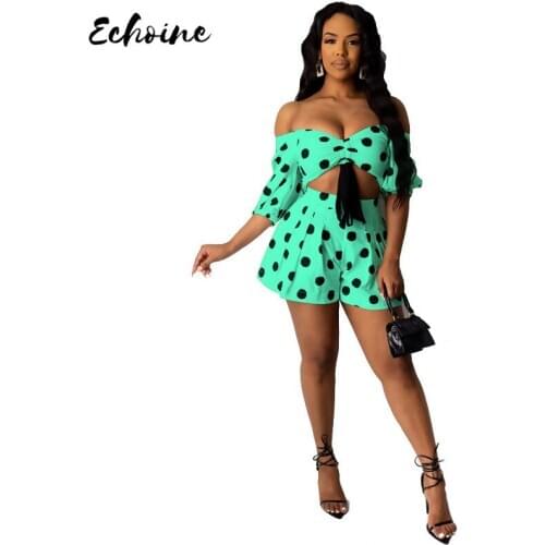 Echoine Women Polka Dot Off Shoulder Crop Top Two Piece Set Women sexy Half Sleeve Wide Leg Ruched Shorts Suit Night Club Style